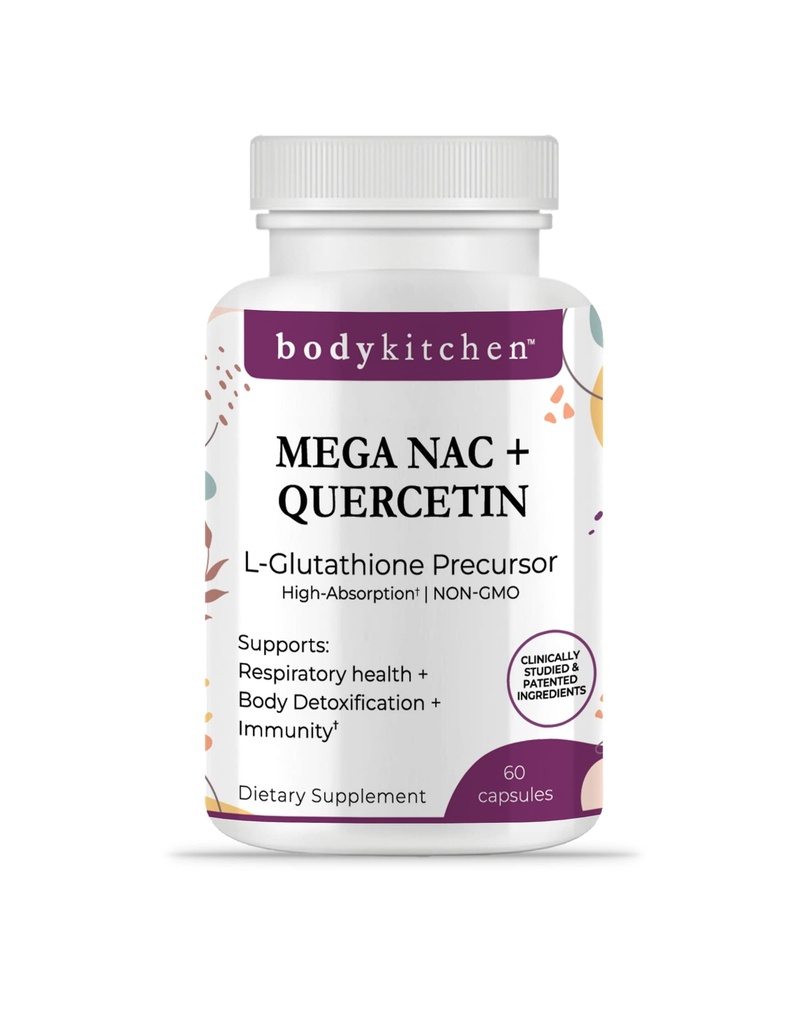 Body Kitchen Mega NAC (N-Acetyl Cysteine) 600 mg con Quercetin, soporta la salud respiratoria y la función inmunológica y promueve el hígado y el riñón Detox, Veggie Caps, (Pack of 1)