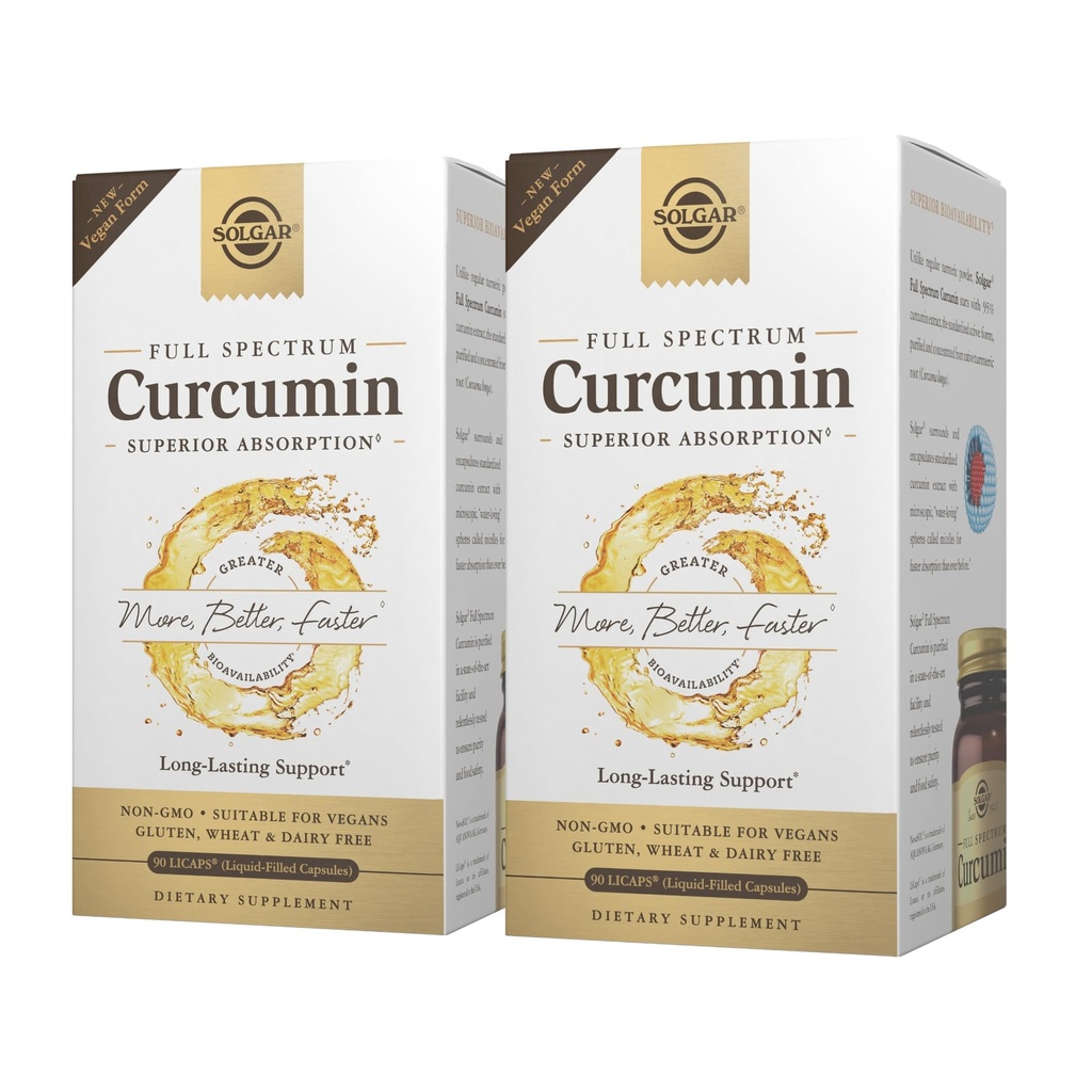 Curcumina de espectro completo de Solgar - 90 LiCaps, Pack de 2 - Absorción superior - Cerebro, Salud Conjunta de Inmunes - No GMO, Vegan, Gluten Gratis, Dairy Free - 180 Total Servings