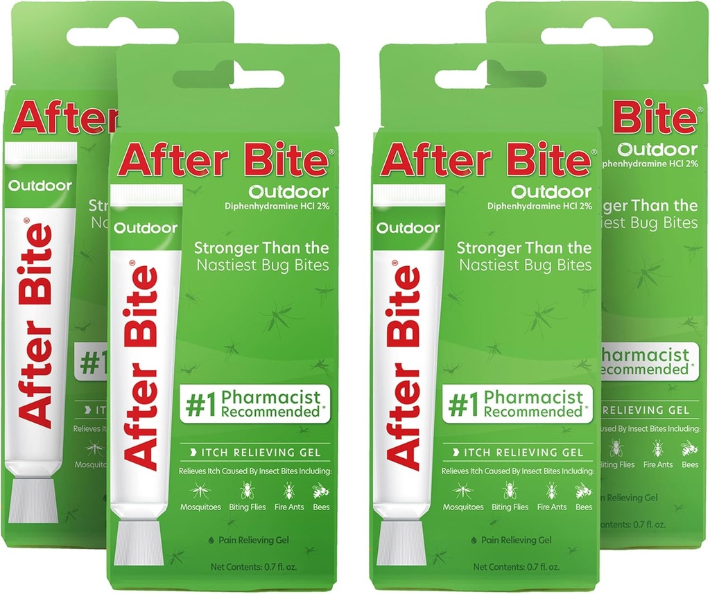 Después de Bite Outdoor Fórmula - Itch Relief with Diphenhydramine HCl - Ideal para Mosquito " Fire Ant Bites, Bees " Más - Portable Gel Formula - 0.7 oz (4 Pack)