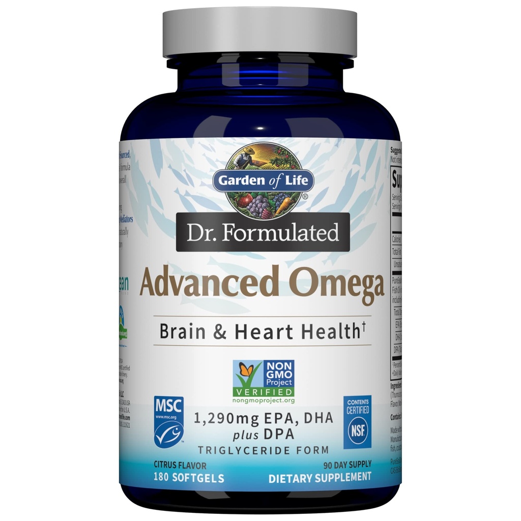 Garden of Life Dr. Formulated Advanced Omega Fish Oil - Lemon, 1.290mg EPA, DHA + DPA en Triglyceride Form, Single Source Omega 3 Suplemento para Ultimate Brain & Heart Health, Non-GMO, 180 Softgels