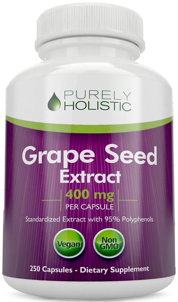 Purely Holistic Grape Seed Extract 20,000mg - 250 Vegan Capsules - 8+ Month Supply - Standardized to 95% Polyphenols - 400 mg por cápsula - Maximum Strength Grapeseed - Non-GMO & Pesticide Free