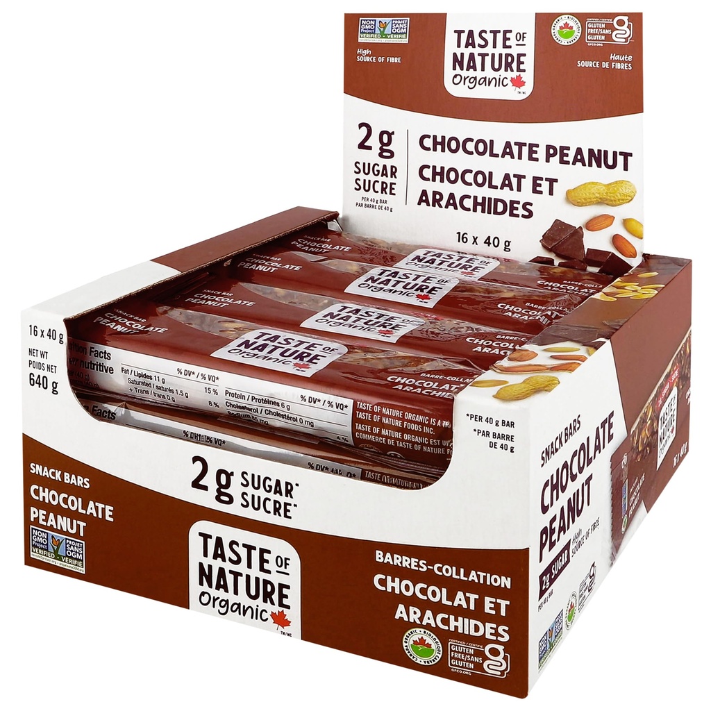 Taste of Nature - Organic 2g Sugar Chocolate Peanut - Low Sugar Snack and Breakfast Bar, High Fiber Energy Bar - 16 Conde Snack Pack