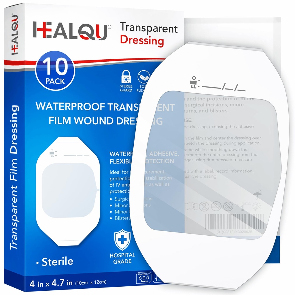 Vestir de película transparente 4" x 4,75" (10 Pack) - Bandajes a prueba de agua para la ducha post-quirúrgica, Escudo IV, Tatuaje Aftercare, Patches de Vestir transparentes por HEALQU