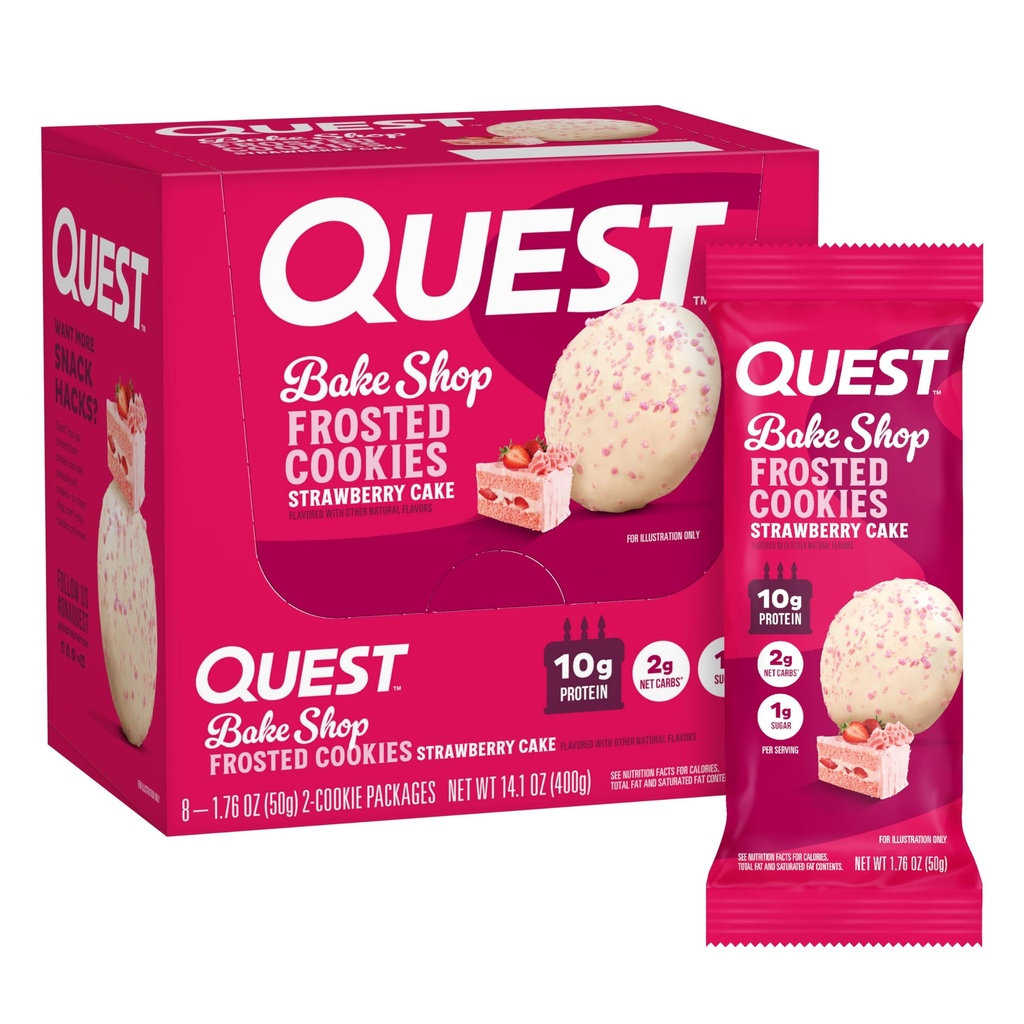 Quest Nutrition Frosted Cookies Twin Pack, Pastel de Fresa, 1g Sugar, 10g Protein, 2g Net Carbs, Gluten Gratis, 16 Cookies