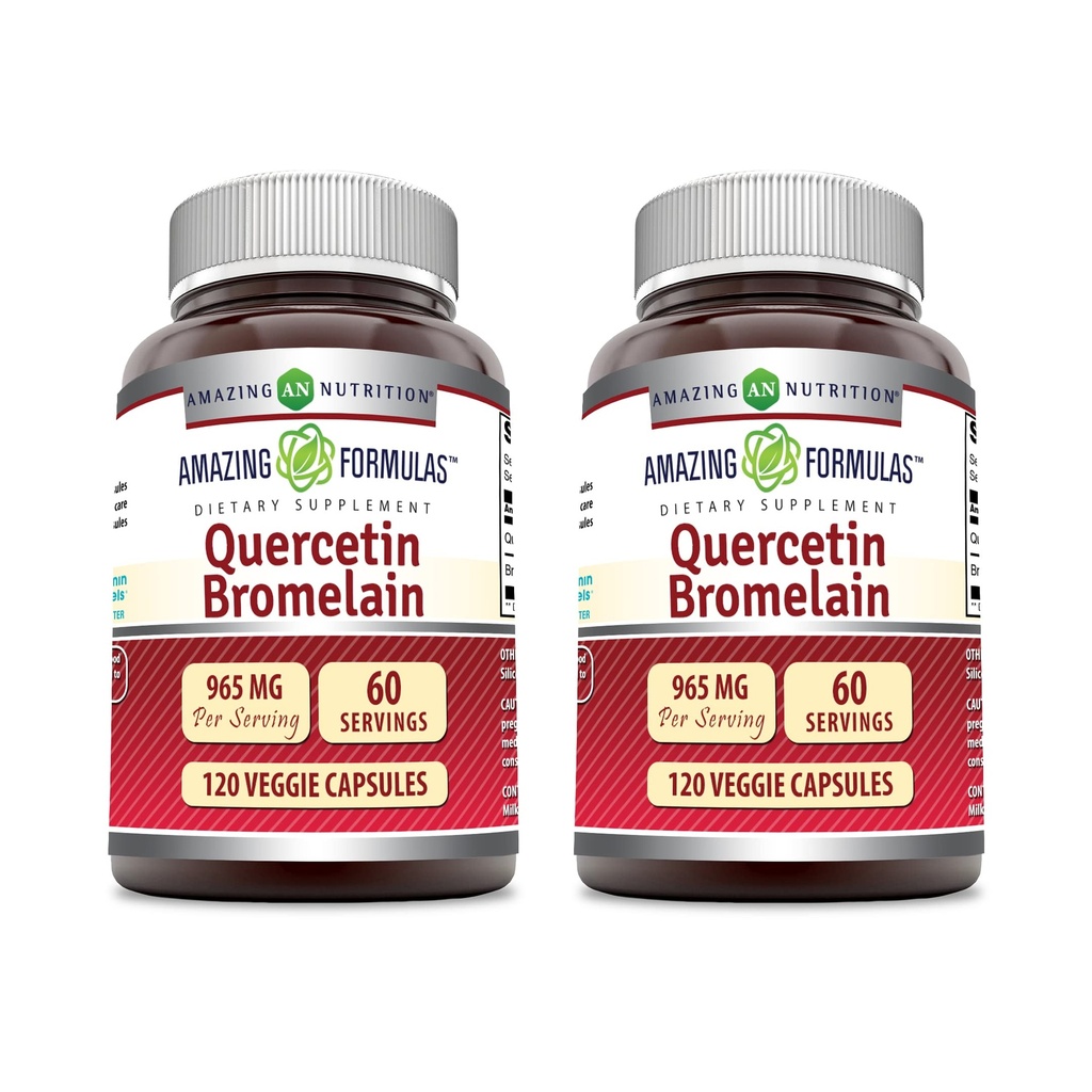 Amazing Formulas Quercetin 800mg con Bromelain 165mg, 120 Veggie Capsules Suplemento (Pack of 2) - No GMO - Gluten Gratis - Apoyos Salud general y bienestar
