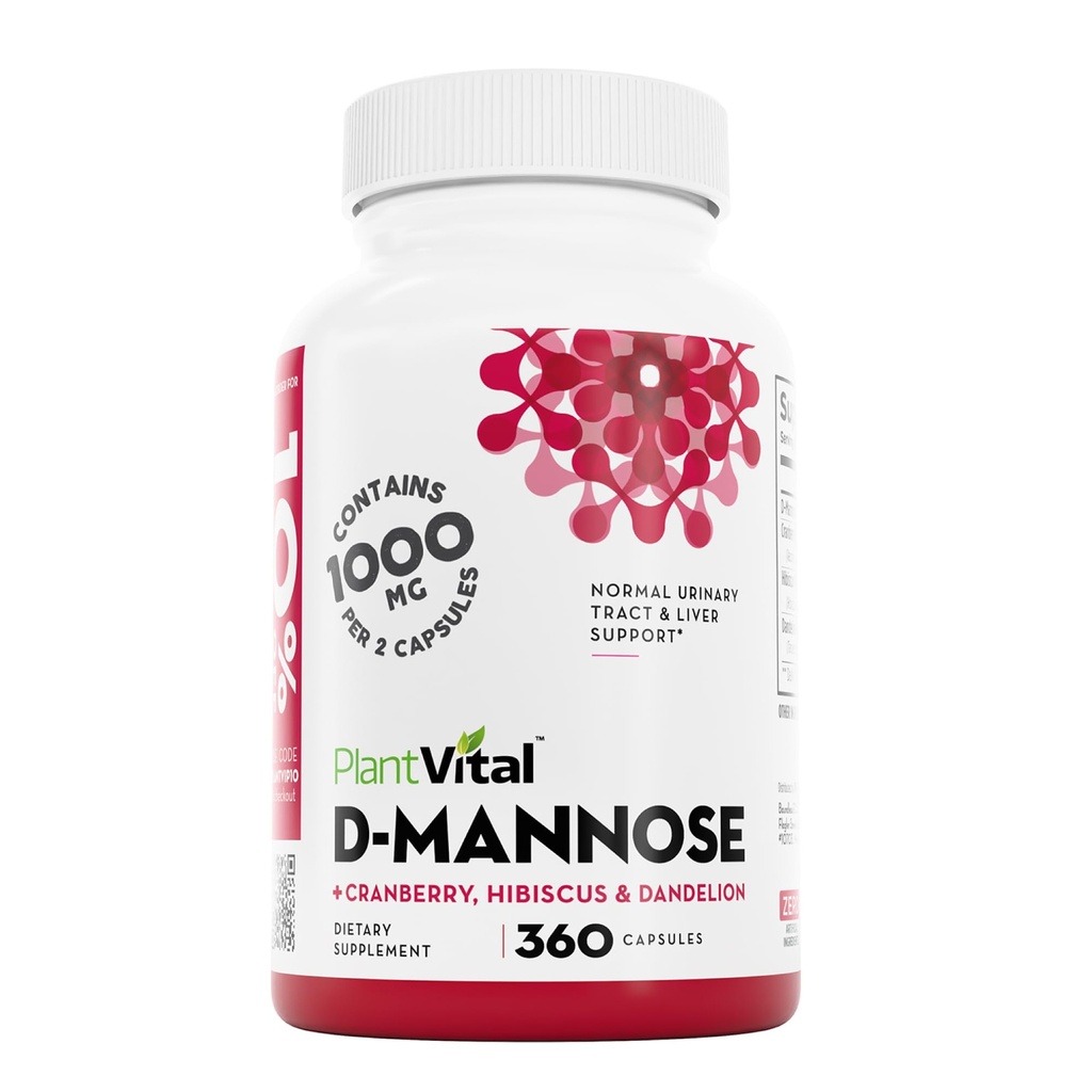 Plantvital D Mannose Capsules with Cranberry - D-mannose 1000mg Capsules - High Potency for Bladder, Kidney and Urinary Tract Support. Cranberry Powder con Hibiscus y Dandelion. Suministro de 6 meses