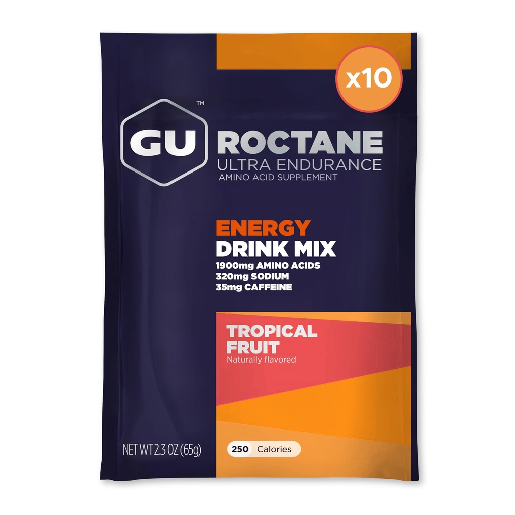GU Energy Roctane Ultra Endurance Energy Drink Mix, Vegan, Gluten-Free, Kosher, 35 mg de Caffeine y Dairy-Free n-the-Go Energy for Any Workout, 10 Single-Serving Packets, Tropical Fruit