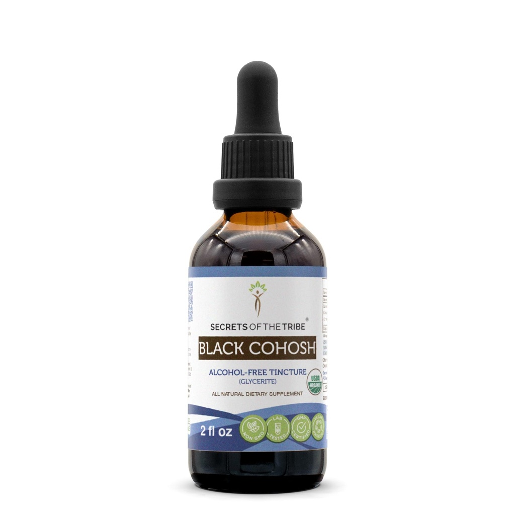 Secretos de la Tribu Negro Cohosh USDA Orgánica ← Extract libre de alcohol, gotas herbales de alta potencia  Made from 100% Certified Organic Black Cohosh (Cimicifuga Racemosa) Root seco 2 oz