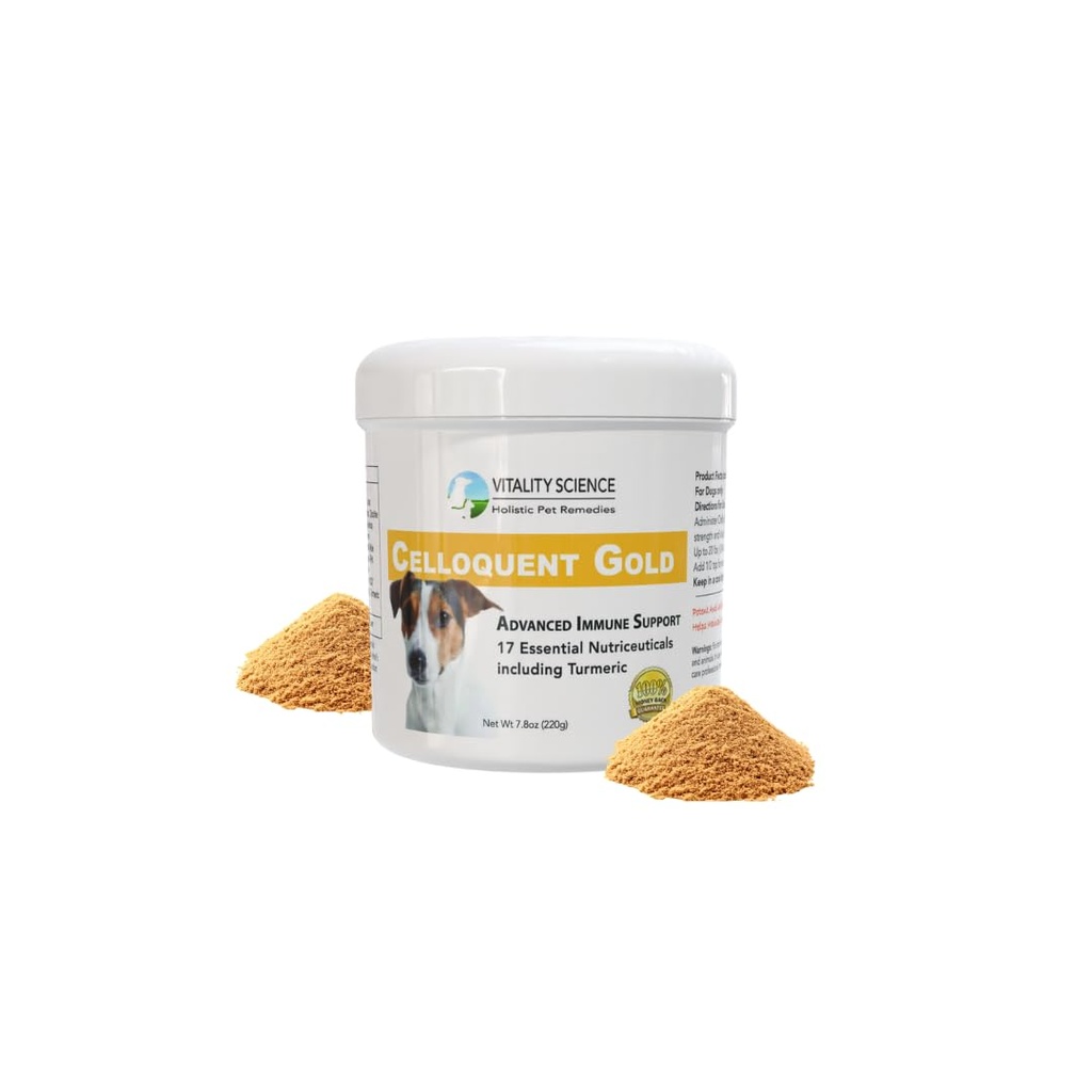 Vitality Science Celloquent Gold for Dogs ← Holistic Advanced Immune Support Supplement TEN 17 Proven Ingredients ← Auto Immune, Vomiting and Diarrhea, Depression (220g)