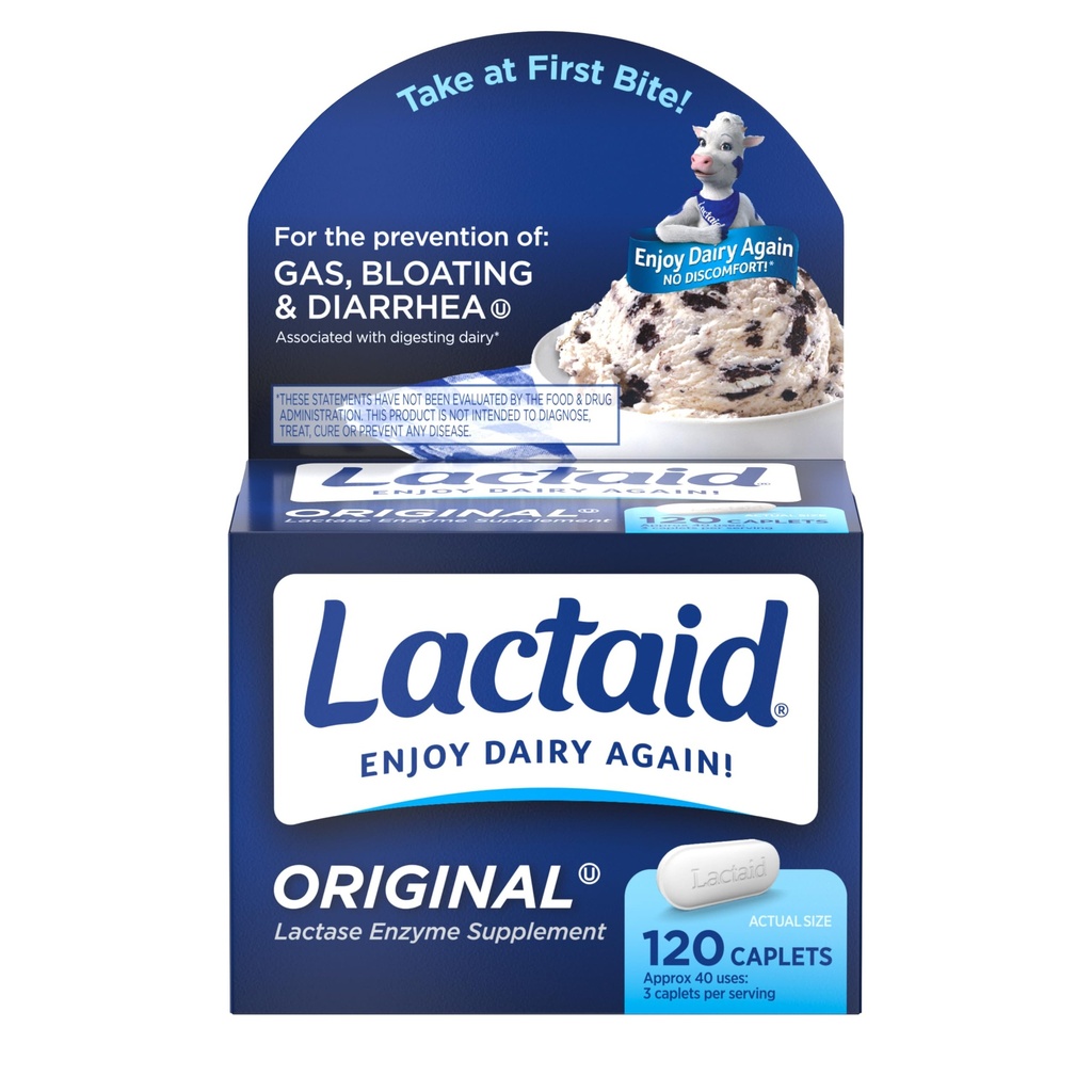 Lactaid Original Strength Lactose Intolerance Pills, 9000 FCC Natural Lactase Enzyme Dairy Relief Caplets, Helps Prevent Gas, Bloating " Diarrhea Debido a la sensibilidad de lactosa en Adultos " Niños, 120 Cuentas