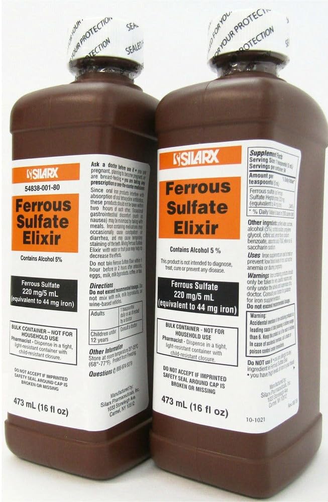 Ferrous Sulfate Elixir 220mg/5mL 16oz Botella - 2 Pack