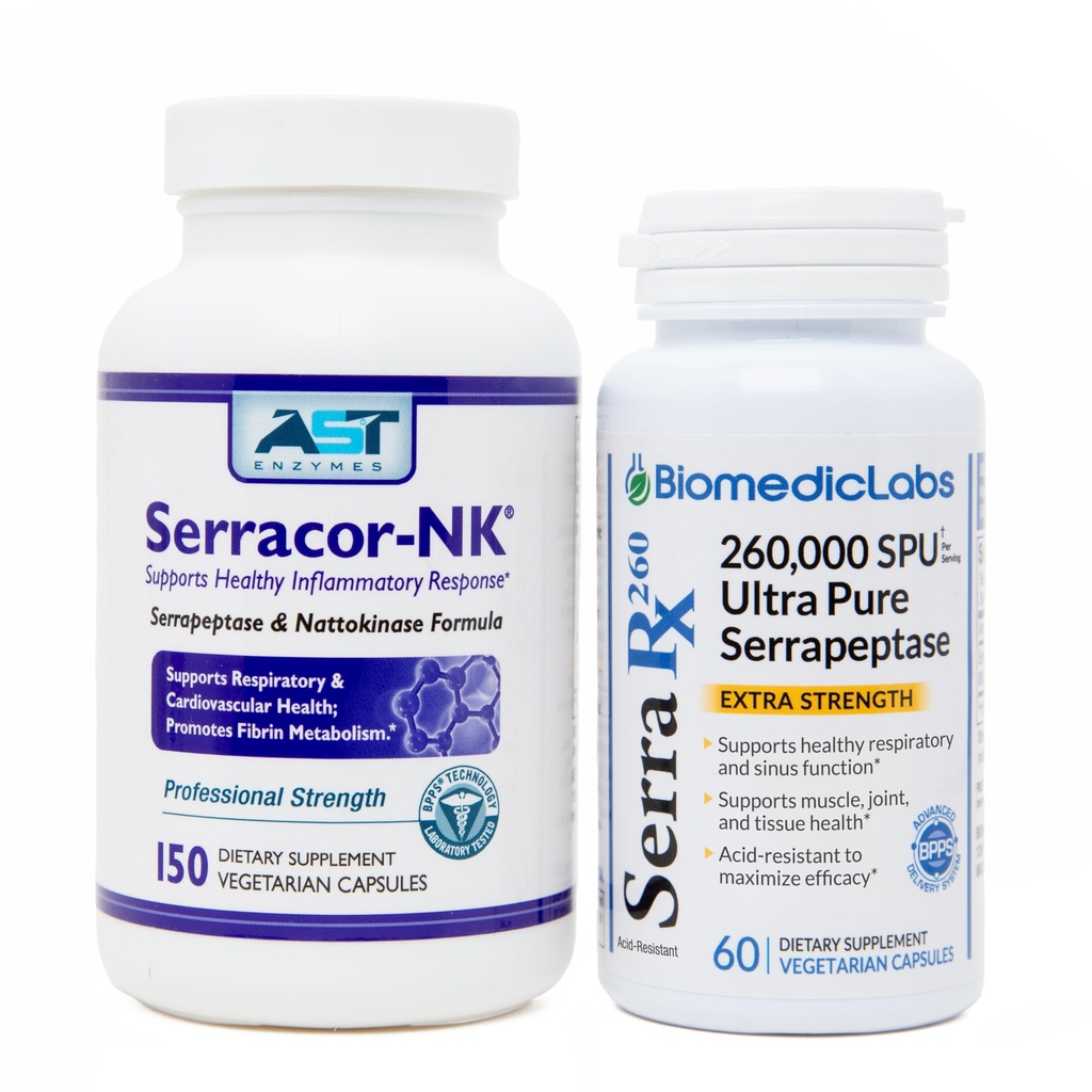 Serracor-NK &amp; Serra-RX 260,000 SU - Buzón de tejido de cicatrices (150 cápsulas &amp; 60 cápsulas) - Acid-Resistant Serrapeptase Proteolytic Enzyme Sistémico, Respiratory & Lung Support