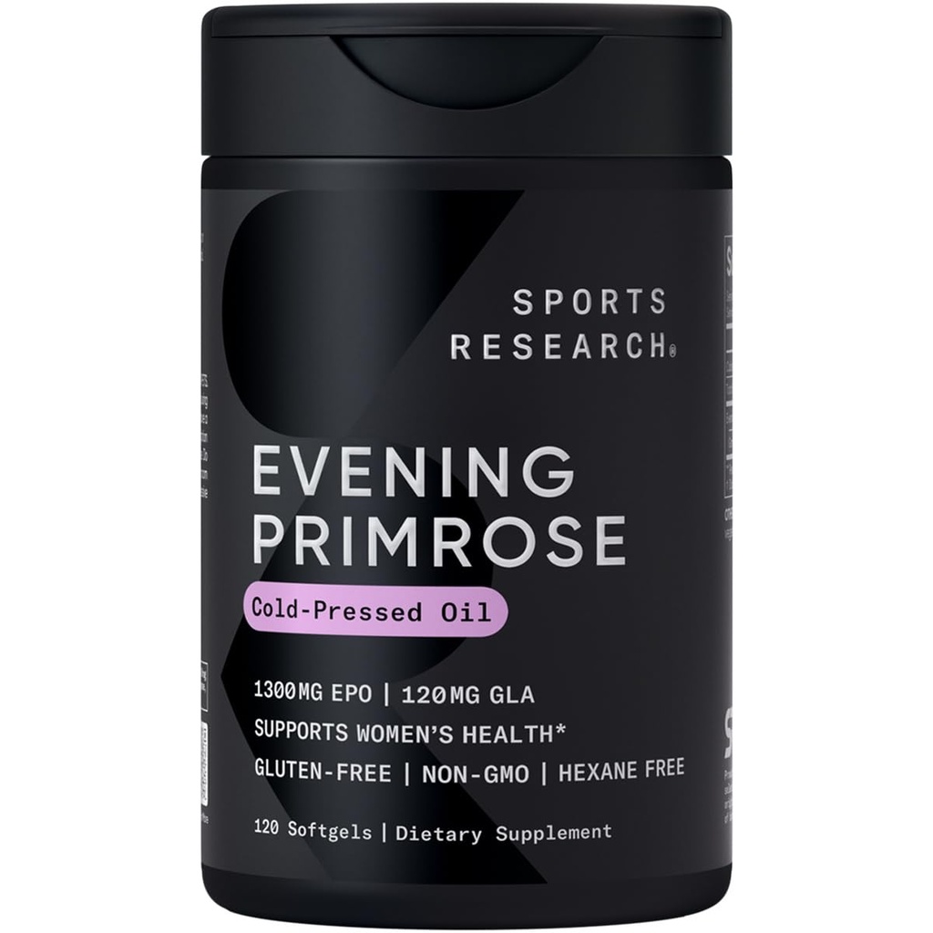 Sports Research® Evening Primrose Oil 1300mg, 120 Capsules - 10% GLA, Frío-Presed, Gluten &amp; Soy Free