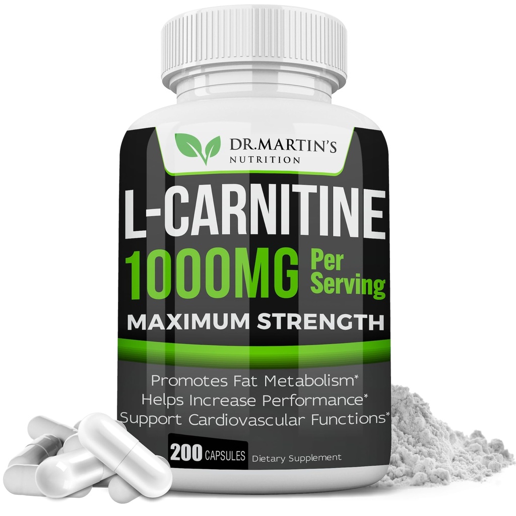 DR. MARTIN'S NUTRITION Extra Strength L-Carnitine - 200 Capsules - 1000mg Por Serving - Boost Your Metabolism and Increase Performance