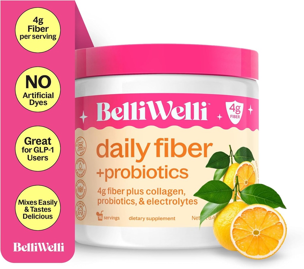 BelliWelli Fiber Supplement for Women &amp; Hombre – Premium Daily Fiber Powder from Organic Acacia with Added Collagen, Electrolytes & Probiotics – No Bloat, Constipation " Gut Health Support (Orange Yuzu)