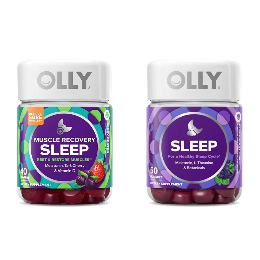OLLY Muscle Recovery Sleep Gummies with Melatonin, Tart Cherry, Vitamina D, 40 Cuenta Sleep Gummy con Melatonina, L-Theanine, Chamomile, 50 Cuenta