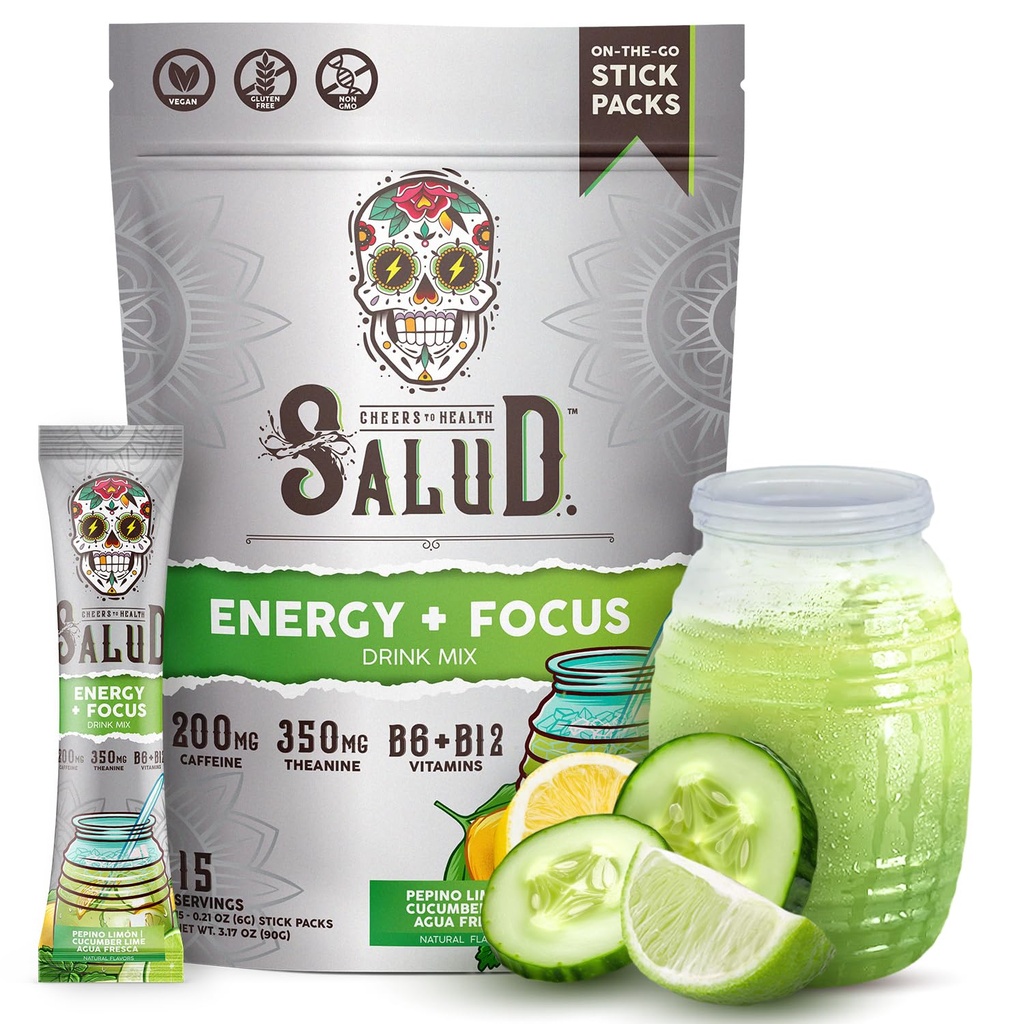 Salud 2-en-1 Bebida Energética Powder + Focus, Cucumber Lime, Organic Caffeine, B6 + B12, Theanine, Clean Energy Drink Packets, Agua Fresca Mix, Non-GMO, Gluten Free, Vegan, 1g de Sugar, (15 Servings)