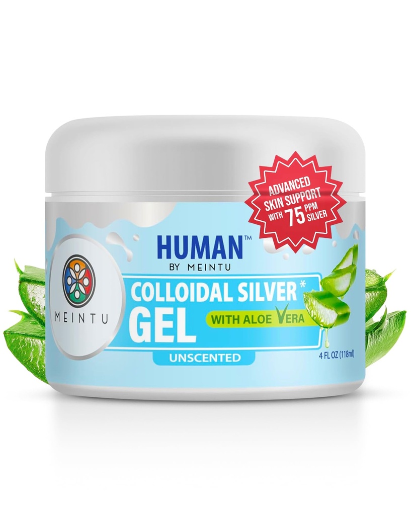 MEINTU Ultra-Pure Colloidal Plata Gel con Aloe Vera para Skin Bio-Active Silver Hydrosol Solución de gel para la piel - 4 oz - 75 PPM Caja fuerte para adultos, niños y mascotas