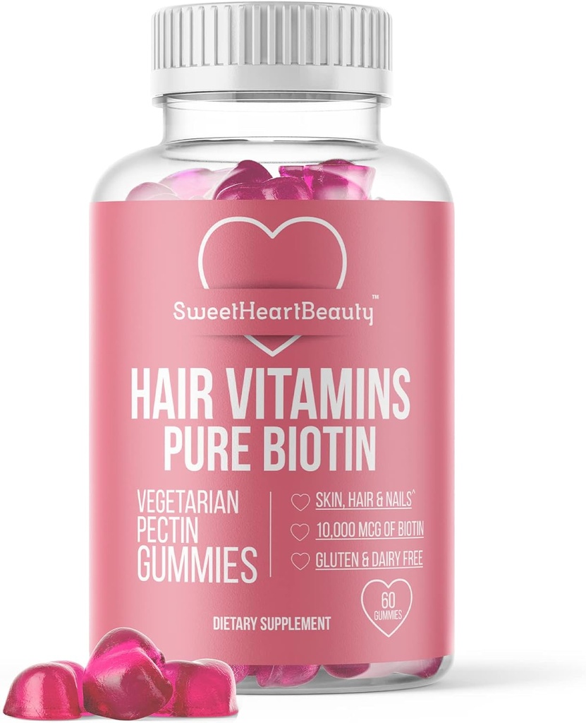 Biotina 10000mcg Gummies by Sweetheart Beauty - Biotin Gummies for Hair Skin and Nails for Women, Men &amp; Kids - Hair Vitamin Gummy - Vegan, Non-GMO, 60 Biotin Chewables for Faster Hair Growth