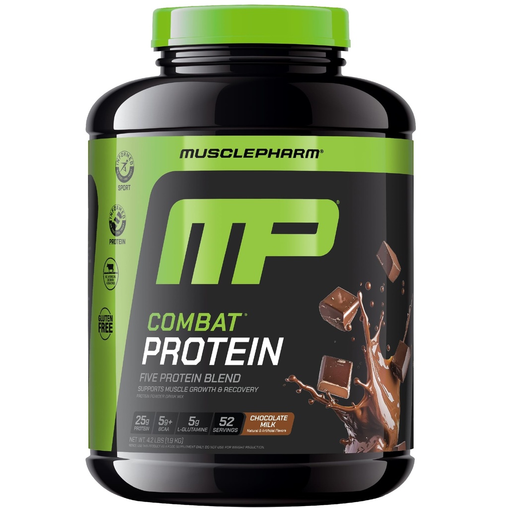 MusclePharm Combat Protein Powder, Chocolate Milk Flavor, Fuels Muscles for Productive Workouts, 5 Protein Sources including Whey Protein Isolate &amp; Egg Albumin, Gluten Free, 4.2 lb, 52 Servings