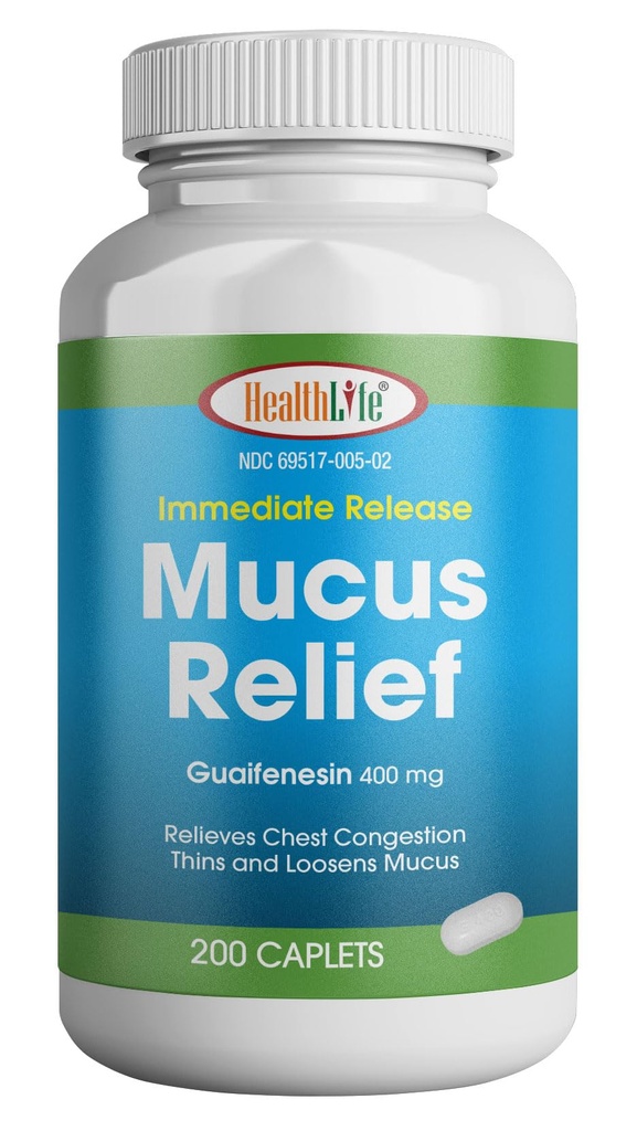HEALTH LFE Mucus Relief Guaifenesin Caplets 400 mg, lanzamiento inmediato rápido expectorante actuador, Thin y Loosens Mucus, Alivia la congestión de pecho, tos, frío y gripe (Medium, 200 conteo)
