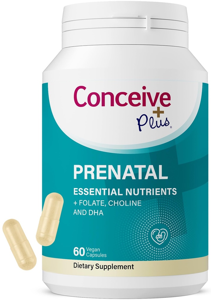 Conceive Plus Prenatal Vitaminas para Mujeres Suplemento - Multivitamina con ácido fólico para el embarazo Vegan, Choline, Hierro - Pre Natal Vitaminas DHA, No GMO - Maternidad Vitamina para Cerebro &amp; Ojo 60 cápsulas