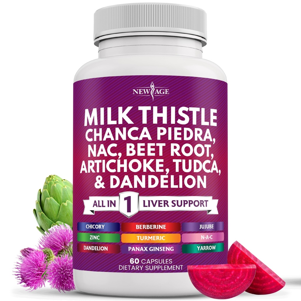 New AGE Milk Thistle NAC Chanca Piedra Beet Root Artichoke Dandelion Root Astragalus - Plus TUDCA & Ginger - 60 Cuenta