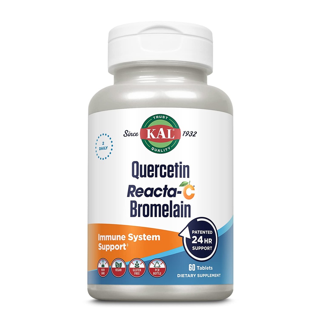 KAL Quercetina Reacta-C Bromelain Apoyo Suplemento, 24 horas Defensa Inmunitaria con Bioflavonoides, Vitamina C 1000mg y Quercetina 500mg, Vegan, Gluten Gratis, Garantía de 60 días, 30 Serv, 60 Tablets