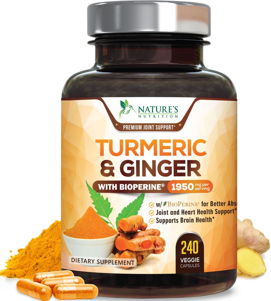 Curcumin Turmeric Suplemento 1950mg - 95% Curcuminoides con Turmeric Orgánica " Ginger, BioPerine Black Pepper for Best Absorption, Nature's Vegan Joint Support, Non-GMO, Bottled in USA - 240 cápsulas