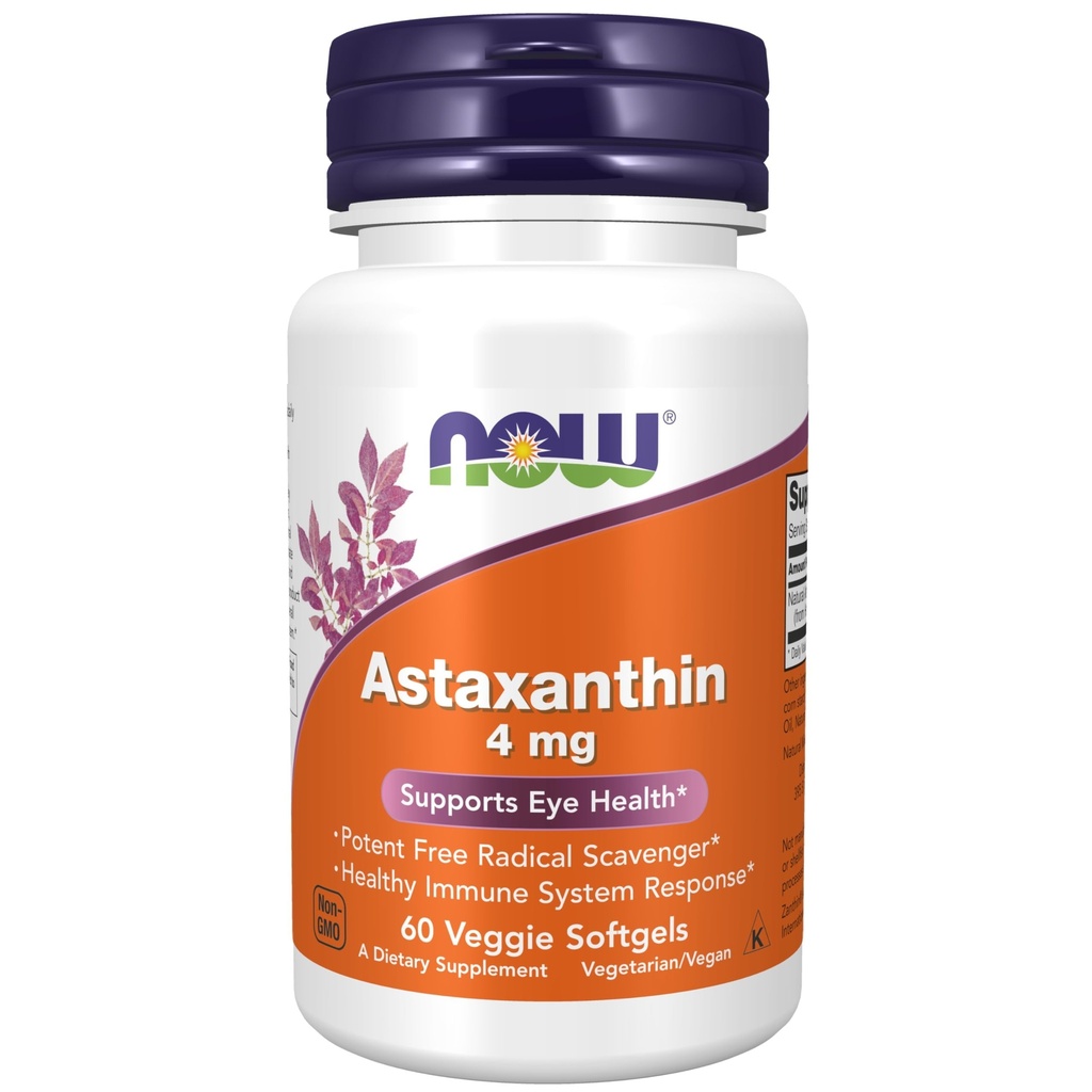 AHORA Suplementos de alimentos, Astaxanthin 4 mg, características Zanthin®, soporta la salud ocular*, 60 Veg Softgels