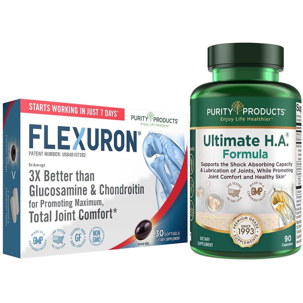 Purity Products Flexuron Joint Formula + Ultimate HA Flexuron (Krill Oil, Low Molecular Weight Hyaluronic Acid, Astaxanthin) - Ultimate H.A. (BioCell Collagen, Quercetin, Hyaluronic Acid + Más)