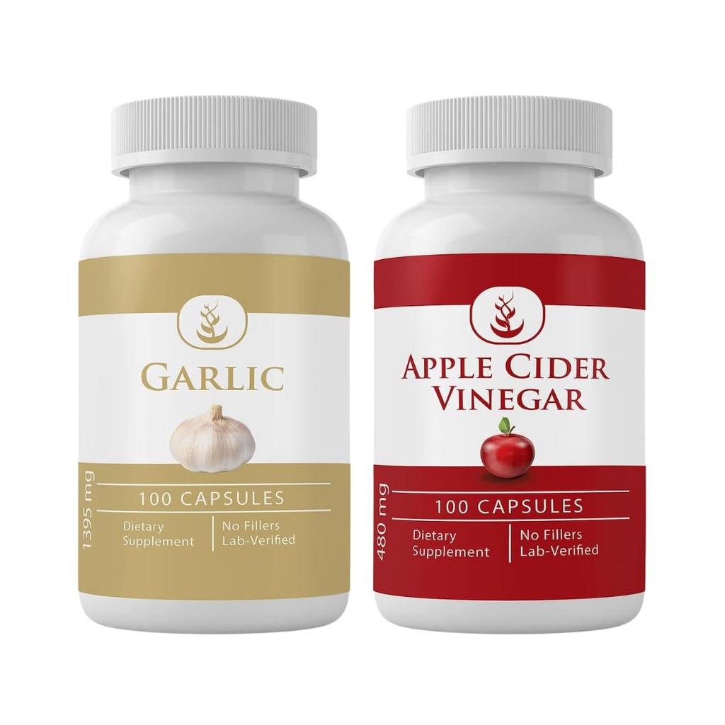 PURE ORIGINAL INGREDIENTES Ajo &amp; Cider Apple Vinegar Capsule Bundle (100 cápsulas cada uno), Sin aditivos o artillería, Lab Verified