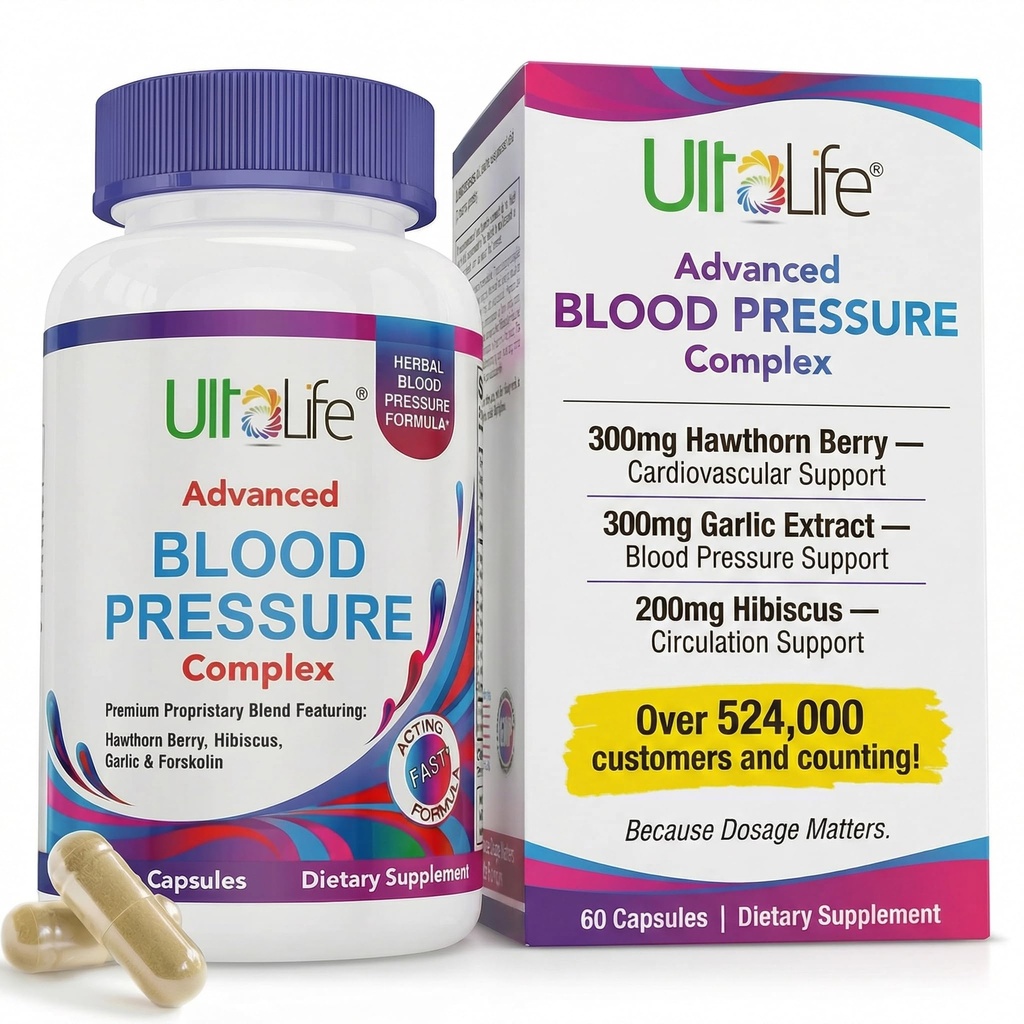 ULTALIFE Blood Pressure Supplement Complex - Advanced Blood Pressure Supplement Complex - Hawthorn Berry, Hibiscus, Ajo, Forskolin - 14 Vitaminas &amp; Herbs, 30 Day Supply in Veggie Capsules