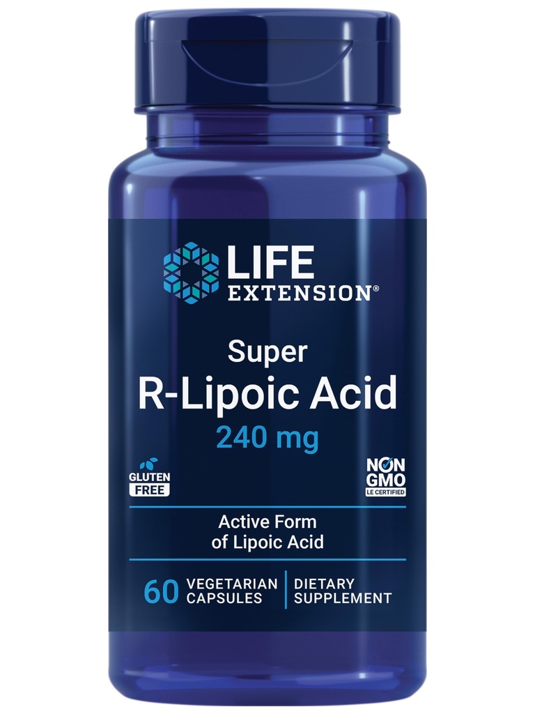 Extensión de la vida Super R-Lipoic Acid – Envejecimiento saludable, oxidativo Stress Defense – con 240 mg de Active R-Form of R-Lipoic Acid – Gluten-Free – Non-GMO – Vegetariano – 60 cápsulas