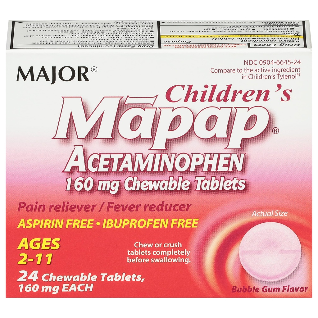 MAJOR Niños Mapap Acetaminophen 160 mg Tablas Chewable - Alimentador de Dolor/Reductor de Nevera - Ibuprofeno Gratis - para Edades 2 a 11-24 Conde (1 Pack)