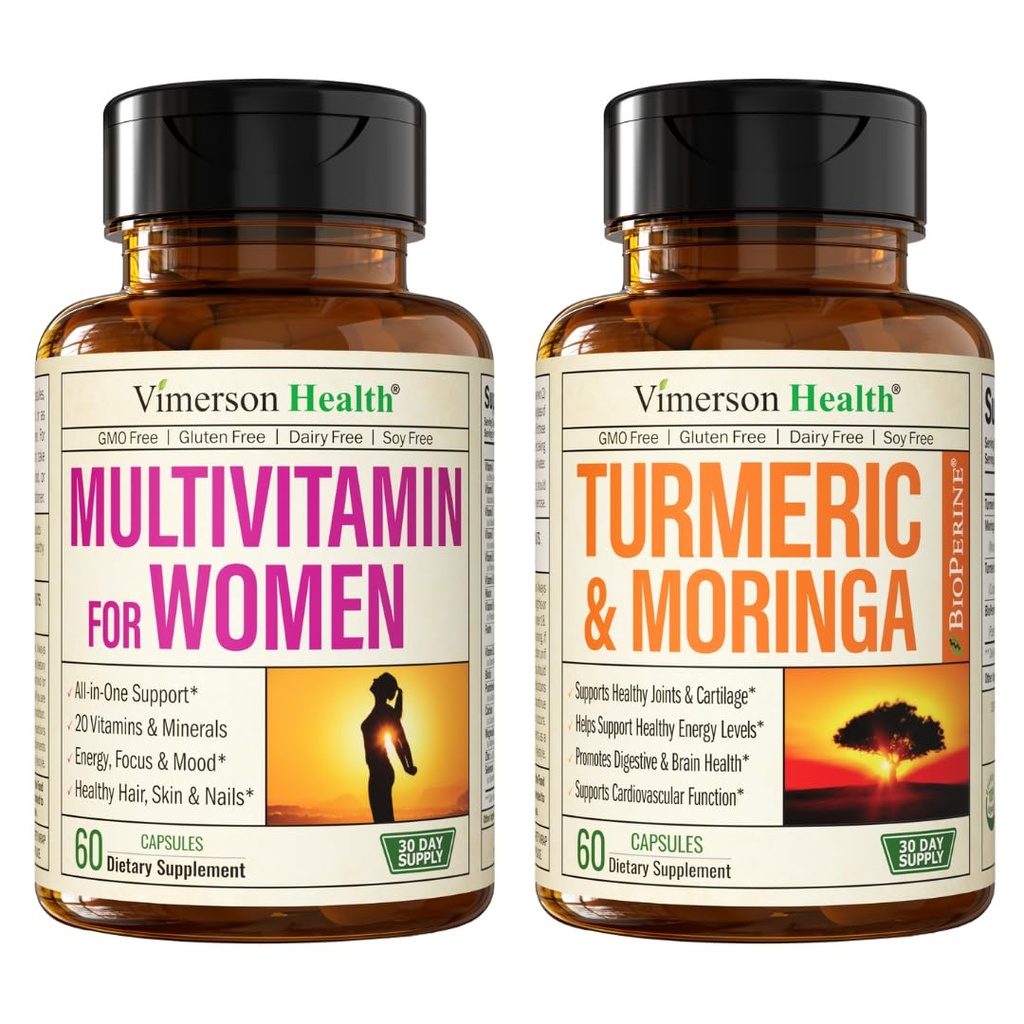 Vimerson Health Women’s Multivitamin &amp; Turmeric Moringa Suplemento para Immune Support, Energy, Mood, Hair, Skin, Nails, Joints and Digestion.