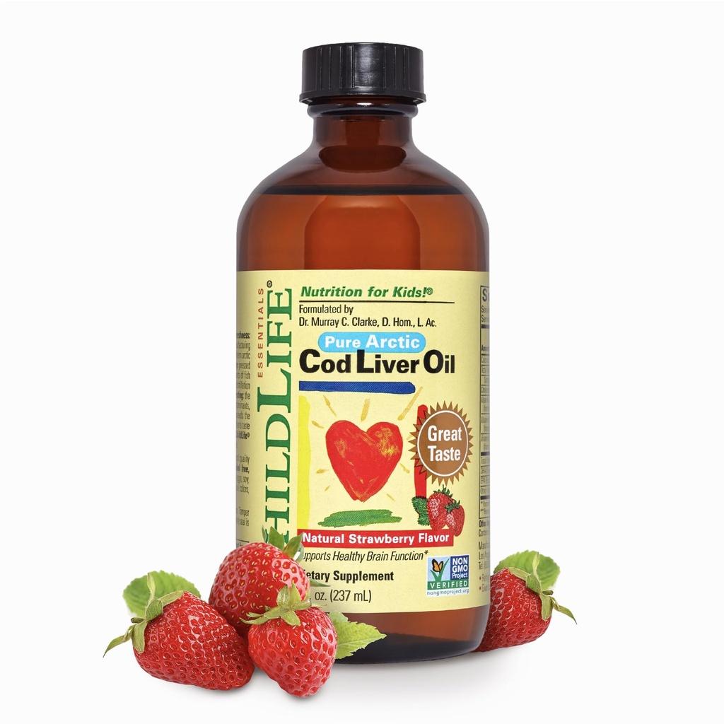 NILDLIFE ESSENTIALS Aceite de hígado de bacalao para niños - Aceite de hígado de bacalao líquido, para bebés 6+ meses, niños pequeños, añadido DHA, EPA, ácidos grasos Omega-3 - Fresa, 8 fl oz