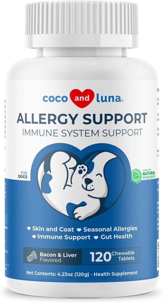 Soporte de alergia para perros - 120 tabletas Chewable - con vitamina C, Omega 3 y Colostrum - Itch Relief, Alivio de alergia para perros, Soother de piel - con probióticos para la salud del sistema inmunológico