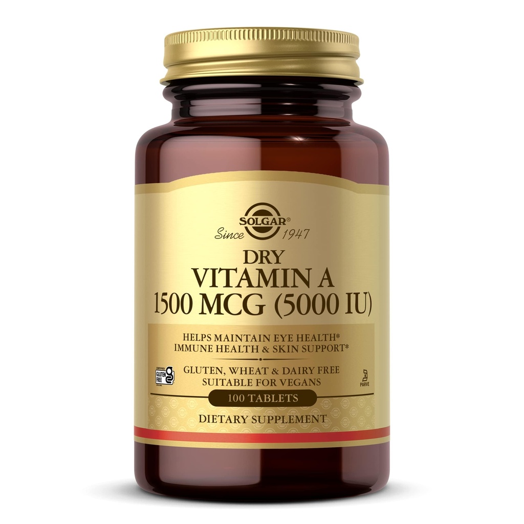 Solgar Dry Vitamina A 1500 mcg (5000 UI), 100 Tabletas - Soportes Ojos Saludables, Skin &amp; Immune System - Non-GMO, Vegan, Gluten Gratis, Dairy Free, Kosher - 100 Servings