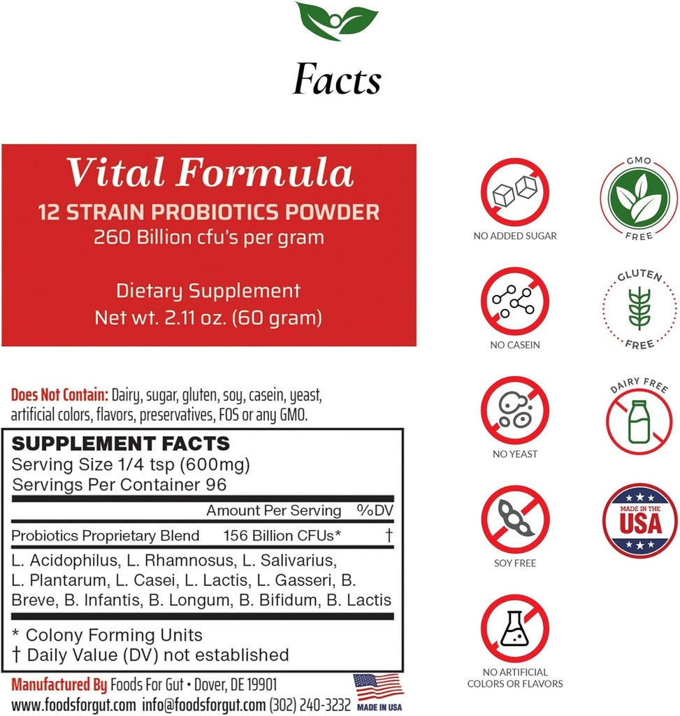 Alimentos para Gut Vital Fórmula 12 Strain Probióticos Polvo 260 Billones CFU Silencio Hecho en EE.UU. Silencio Directo desde el fabricante Silencio Sin Terceros Almacenamiento Silencio Apoyo Immune 60 Grams (2.11 Oz)