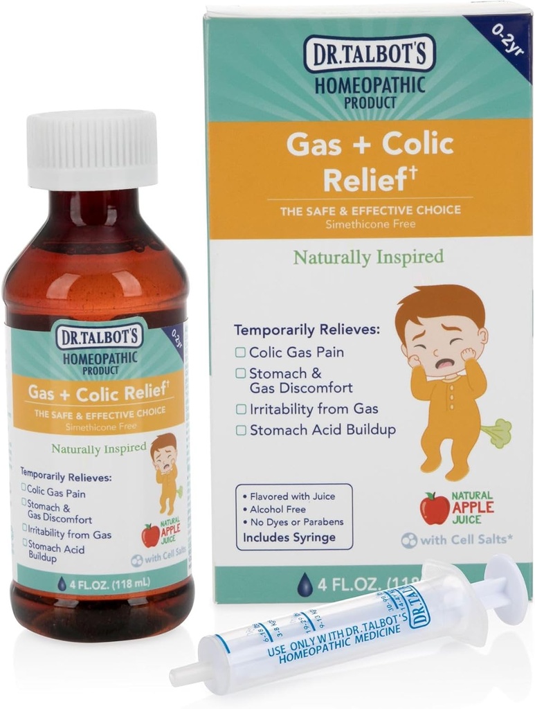 Dr. Talbot's Gas + Colic Relief Liquid Medicine, Naturalmente Inspirado, para bebés, Incluye Syringe, Apple Juice Flavor, 4 Fl Oz