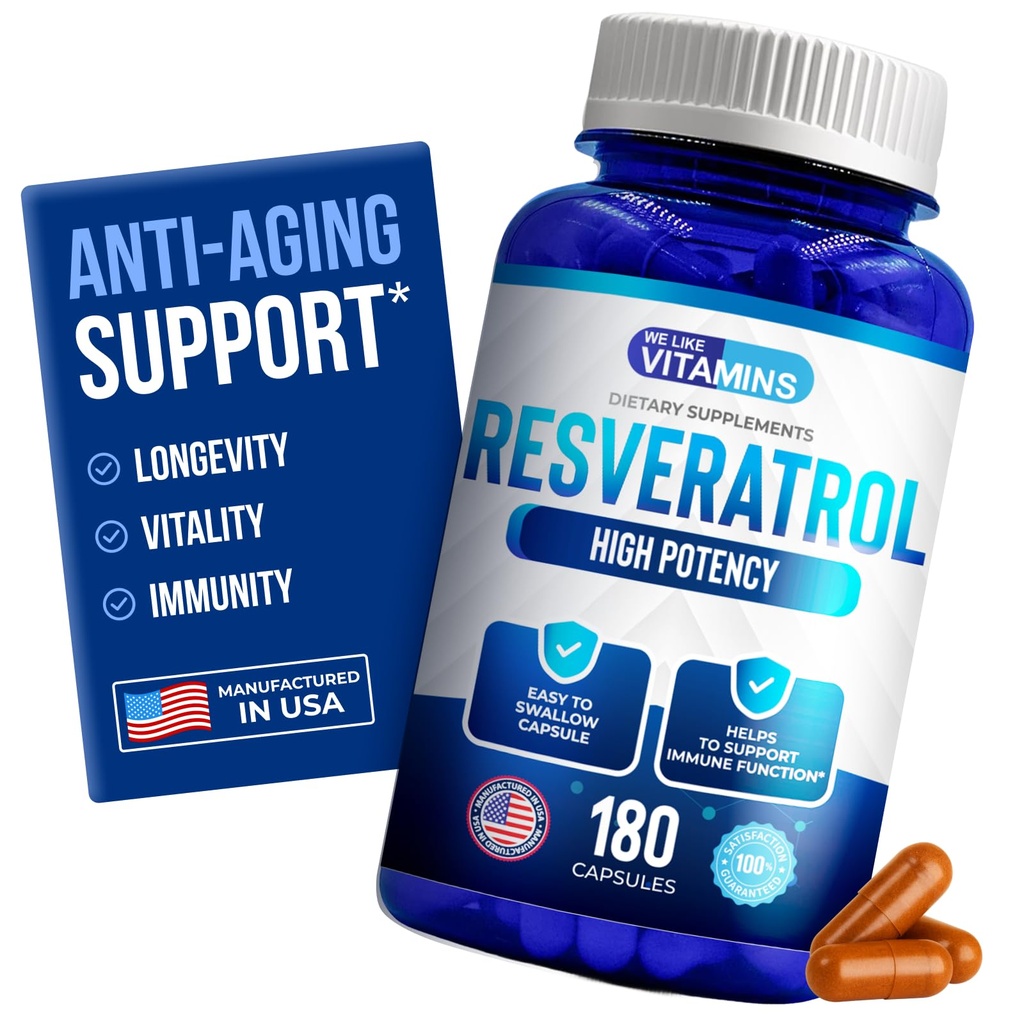Nos gusta vitaminas Resveratrol 1000mg por servicio - 180 cápsulas de verduras fáciles de absorber - Suplemento de Resveratrol natural 1000mg - Suplementos antioxidantes Ayuda Apoyo Anti-Aging y Sistema Inmunitario