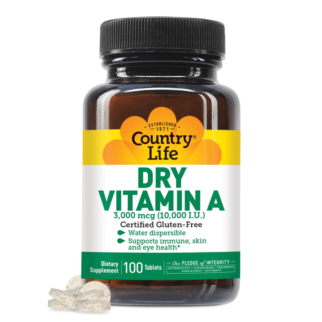 Vida País Vitamina A 10,000 UI - Apoyo Inmunitario, Suplemento de Salud Ocular, Gratificado Gluten-Free, Vegan, Halal, Kosher, 50% Beta-Caroteno & 50% Retinyl Palmitate, Easy Absorption - 100 Tablets