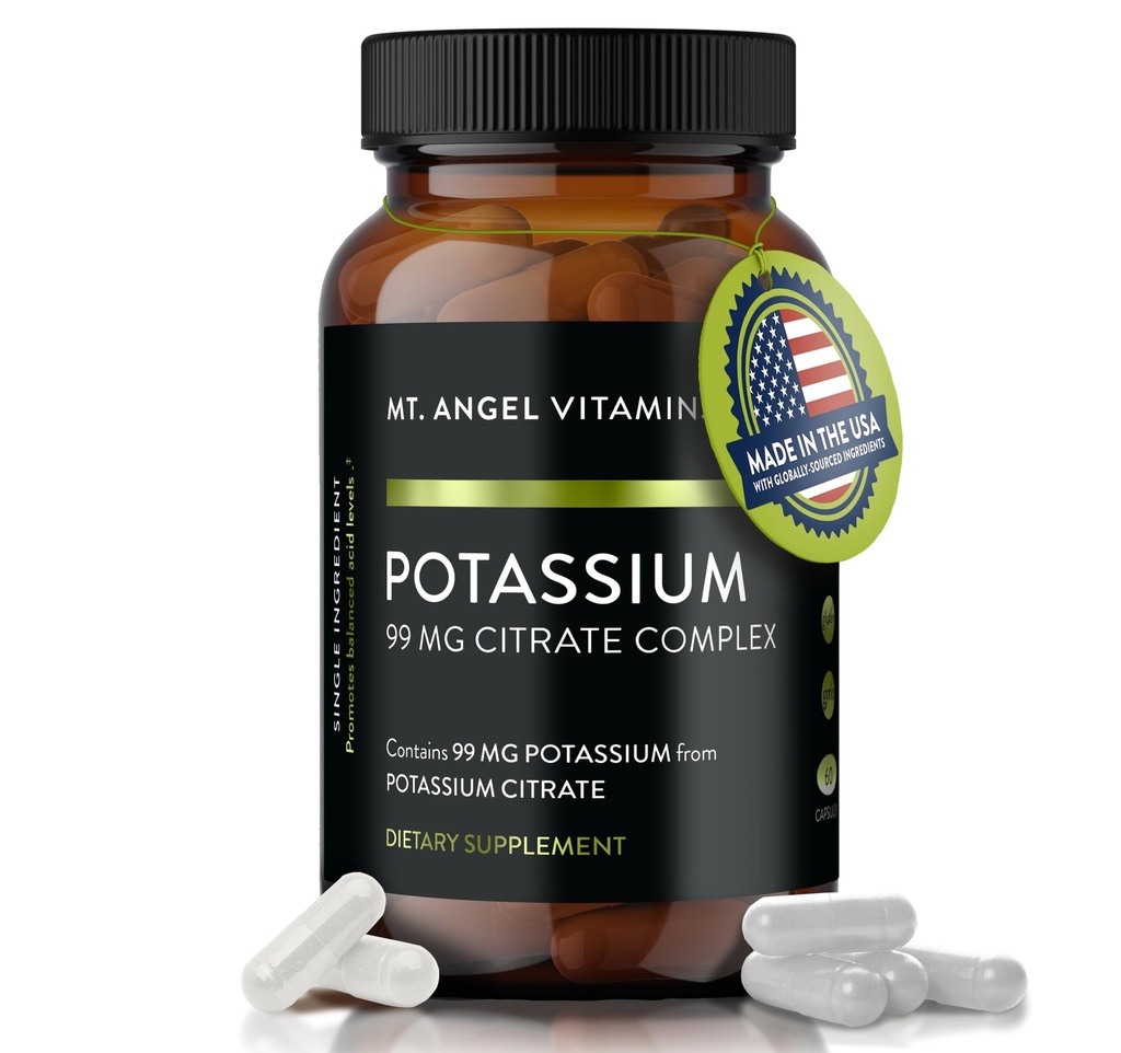 Mt. Angel Vitaminas - Suplemento de Potasio, 99 MG Complejo de Citrato de Potasio, 60 cápsulas
