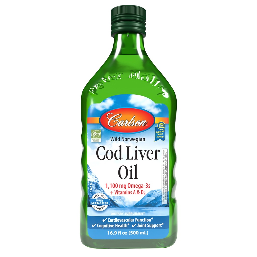 Carlson - Cod Liver Oil, 1100 mg Omega-3, Wild-Caught Norwegian Arctic Cod-Liver Oil, Sustentablemente Fuented Nordic Fish Oil Liquid, Unflavored, 500 ml (16.9 Fl Oz)