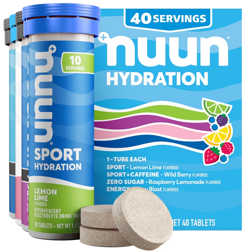 Nuun Hydration Electrolyte Tablets - Sodium, Potassium, Chloride, Calcium, Magnesium, 1g &amp; 0g Sugar Drink Mix TEN Vegan, Gluten Free, Non-GMO TEN Full Pack, Mixed Flavors, 4 Pack (40 Total Servings)