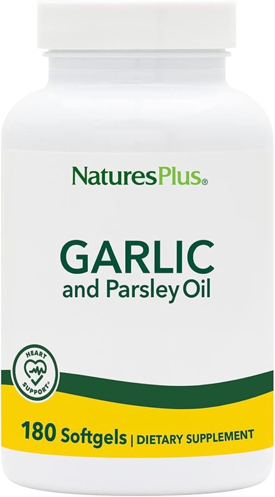 Natures Plus Ajo &amp; Parsley - Naturalmente promueve saludables niveles de presión de colesterol y sangre - 180 Softgels (180 Servimientos)
