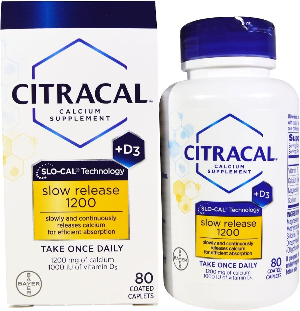 Citracal Calcio Slow Release 1200 + D3 Suplemento Coated Caplets - 80 ct, Pack de 3