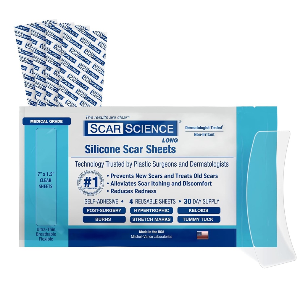 Hojas de silicona de grado médico - 7" Tapa de silicona resistente al agua para cicatrices - Tapa transpirable clara para la sección C, Tuck de estómago, Escartas quirúrgicas y Keloids - 4-Pack