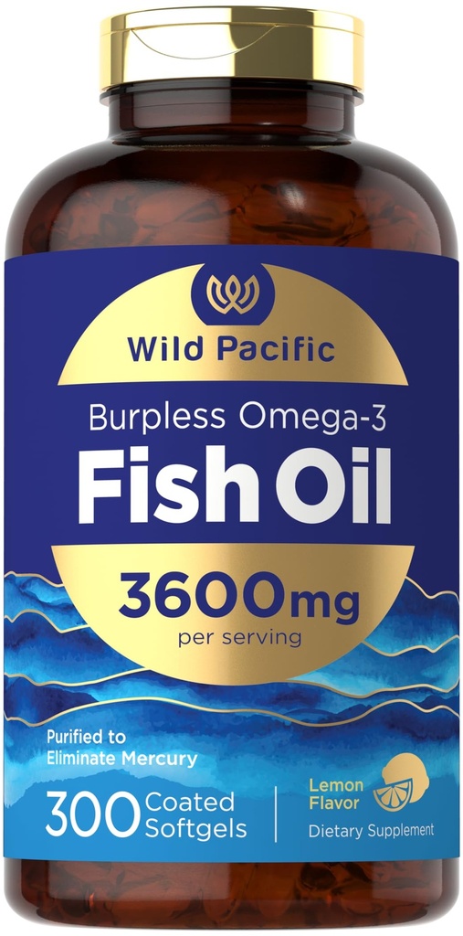 Carlyle Burpless Fish Oil 3600 mg  300 Softgels ← Omega-3 Fatty Acids ← Lemon Flavor ← Non-GMO, Gluten Free Supplement  durable by Wild Pacific